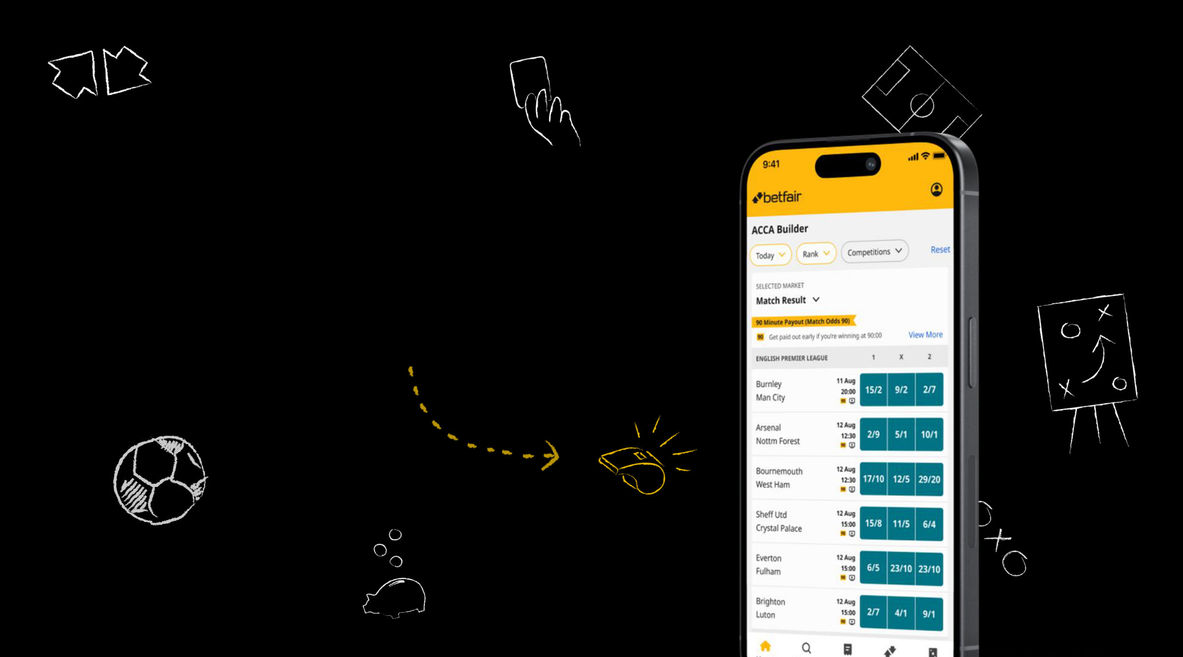 Betfair app showing the ACCA Builder with the 90 Minute Payout market signposted