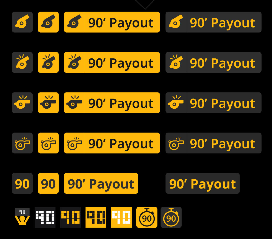 Grid of signpost explorations: whistle icons in several styles, text-only '90' badges and pixel-clock variants