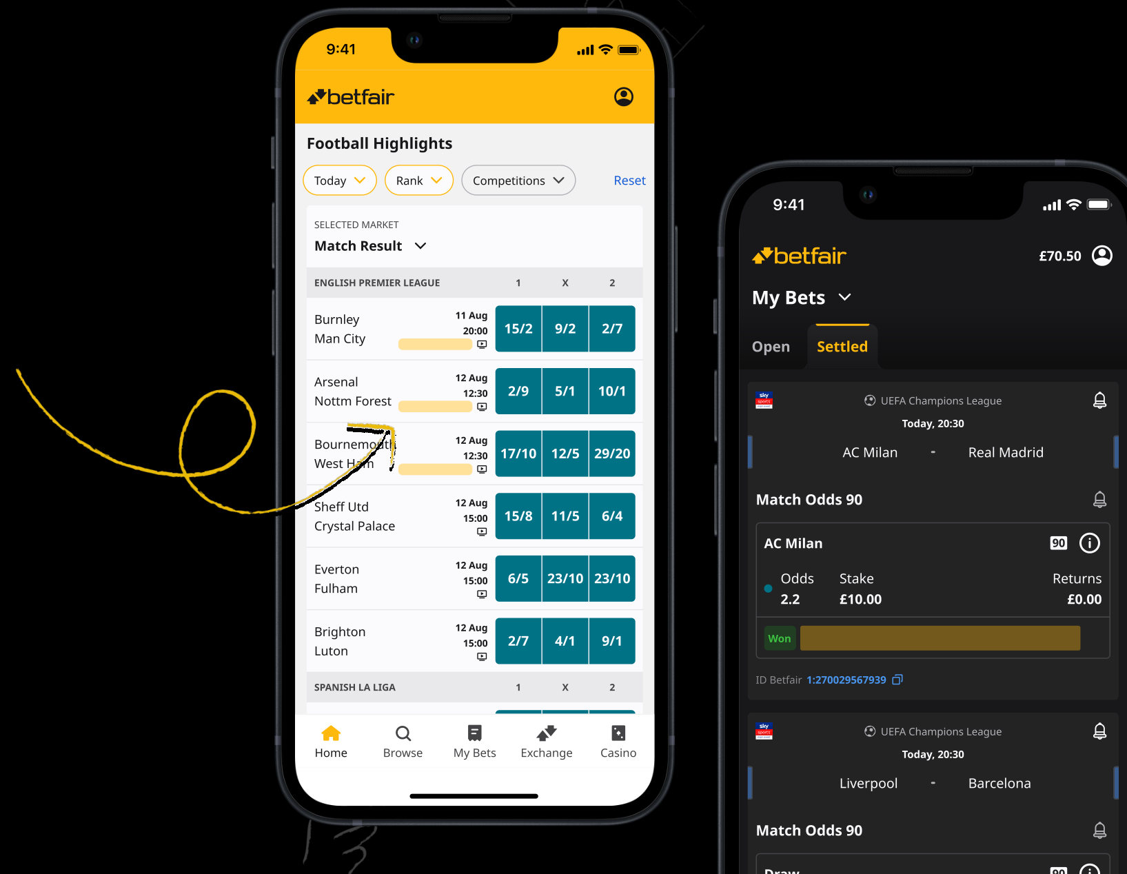 Betfair homepage and My Bets screens with the signpost placements highlighted