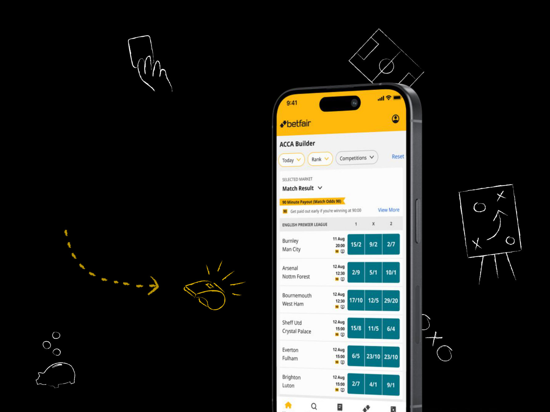 Betfair app showing the ACCA Builder with the 90 Minute Payout market signposted