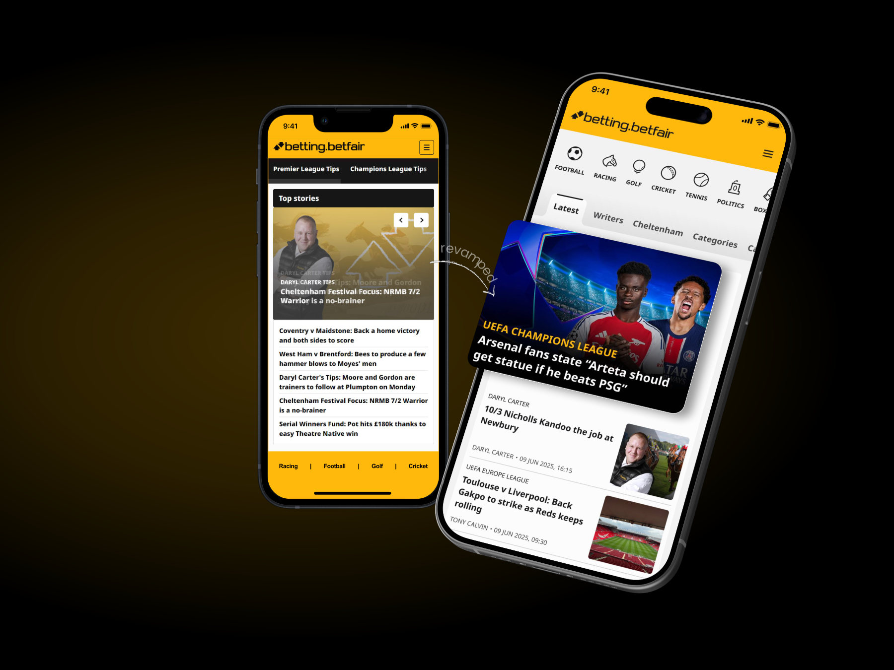 The old betting.betfair mobile site next to the revamped version