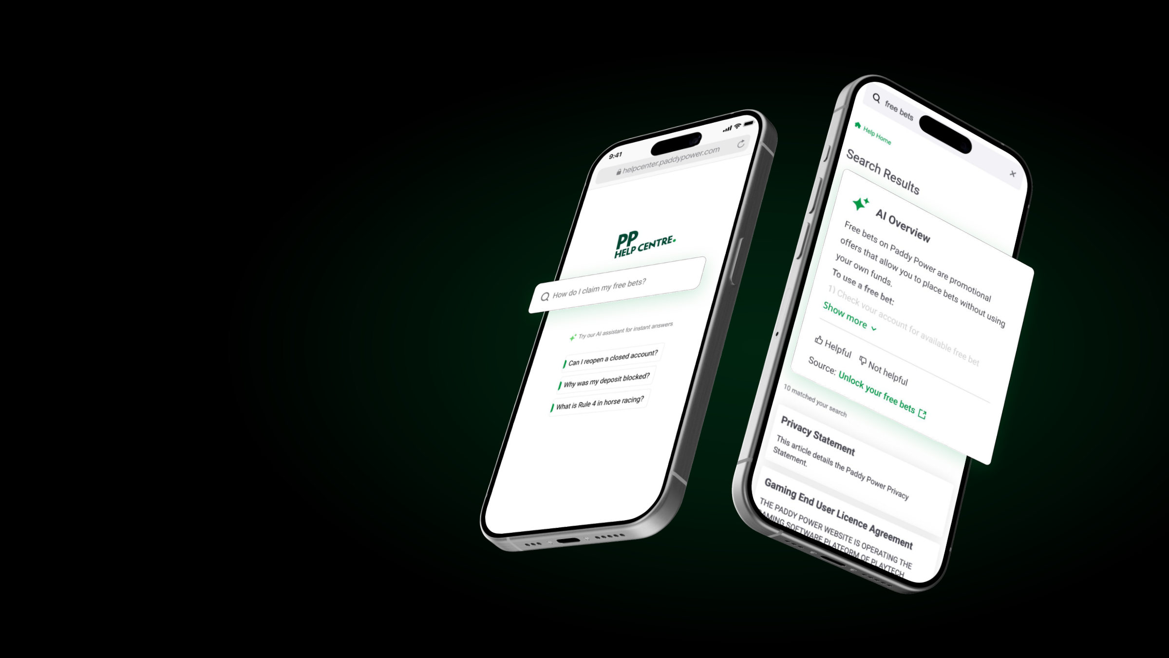 Help centre concept with a search bar, suggested questions and an AI Overview answer