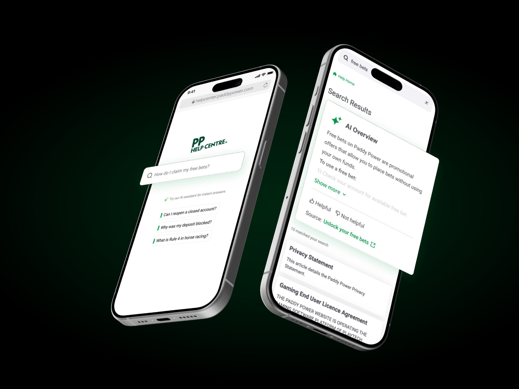 Help centre concept with a search bar, suggested questions and an AI Overview answer