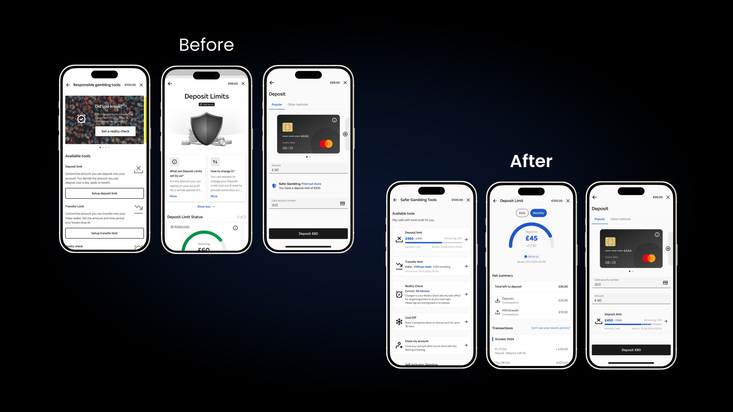 Before and after comparison of the tools hub, deposit limit page and deposit flow