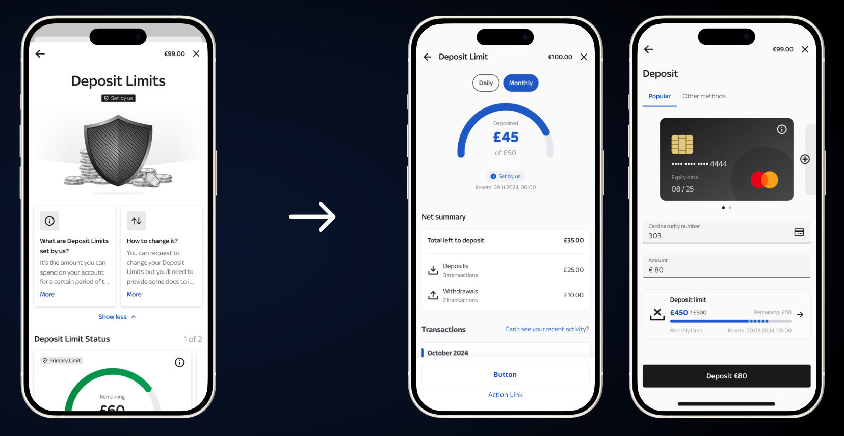 Old illustrated Deposit Limits page next to the decluttered Deposit Limit page and a deposit screen showing an inline limit widget