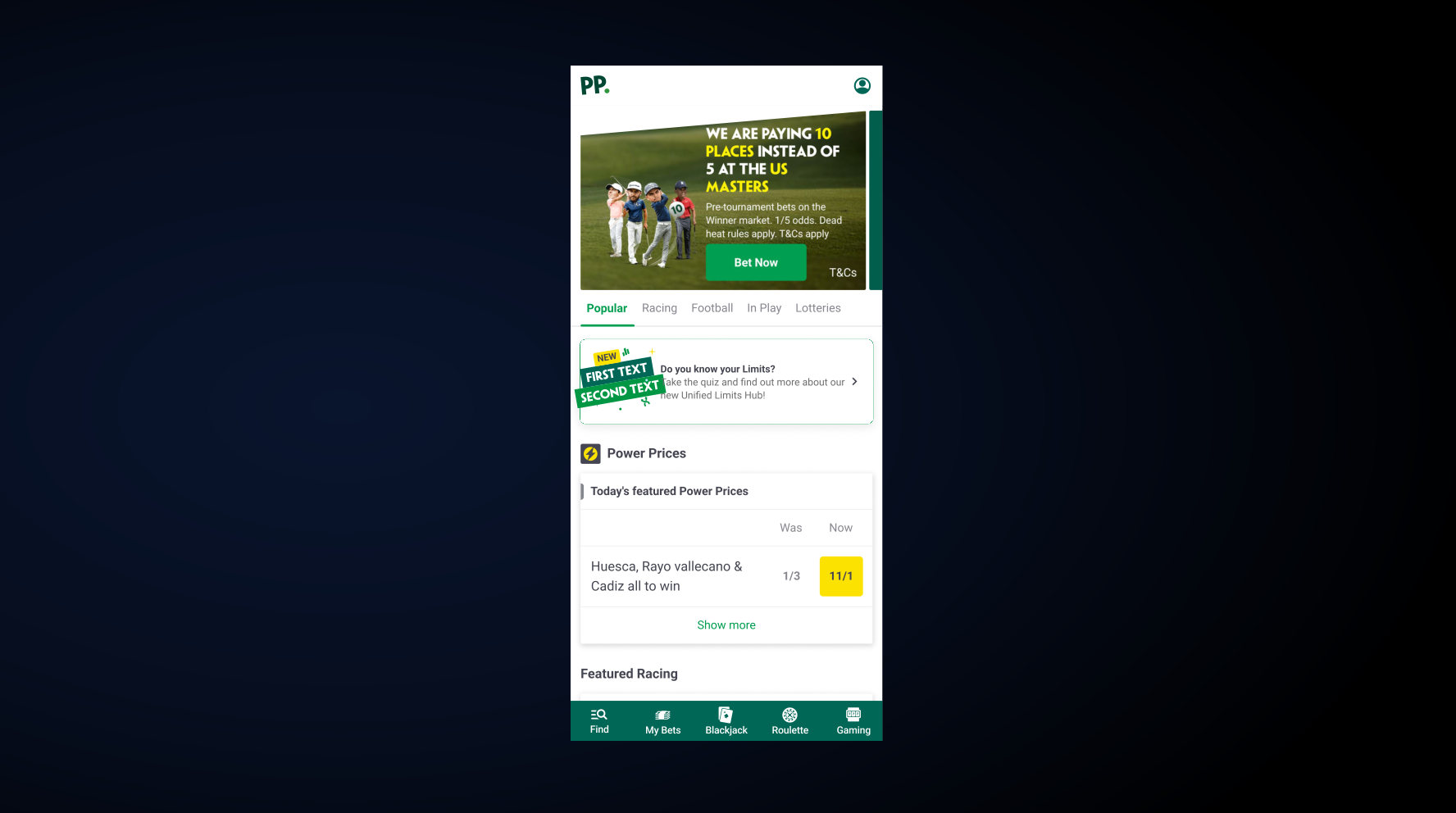 Home page concept with a 'Do you know your limits? Take the quiz' card