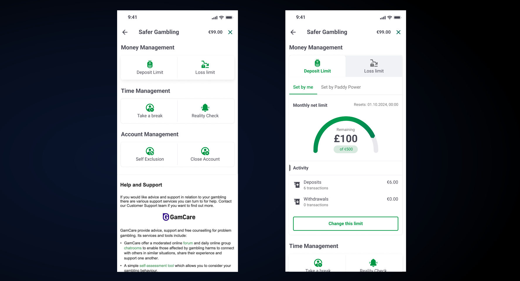 Safer Gambling page concept with every tool expandable and editable inline