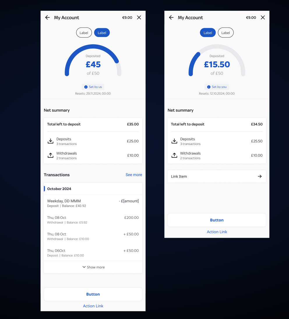 Deposit limit page designed with an inline transactions list, next to the shipped version linking out to a transactions page