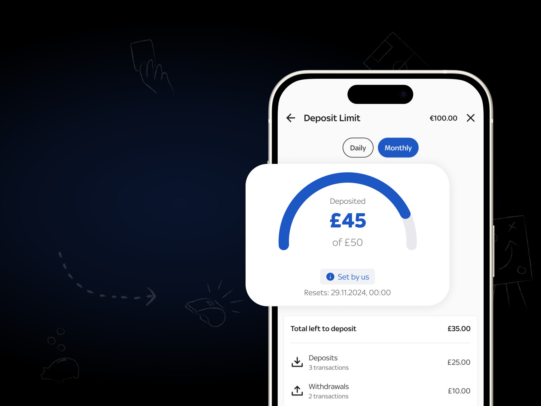 Redesigned Deposit Limit screen with a gauge showing £45 deposited of a £50 limit